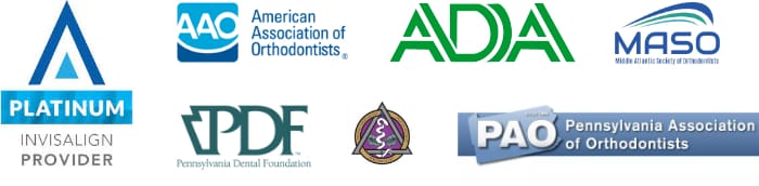 Platinum Invisalign Provider, American Association of Orthodontists, ADA, Middle Atlantic Society of Orthodontists, Pennsylvania Dental Foundation, Montgomery-Bucks Dental Society, Pennsylvania Association of Orthodontists